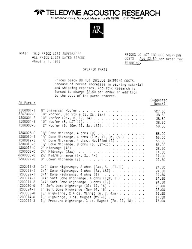 AR Speaker Parts Price List January 1 1979 - Page1