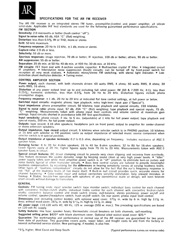 Specifications for the AR FM Receiver - Page1